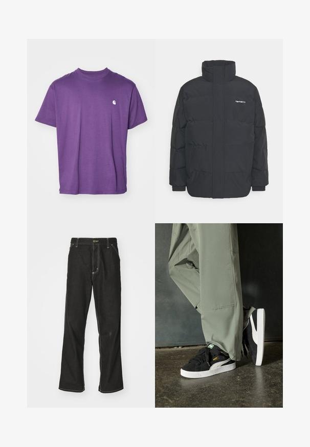 Černá zimní bunda s vysokým límcem, zipem vpředu a elastickými manžetami. Má kapsu a malé logo na hrudi. Texturovaný povrch.; Fialové bavlněné tričko s krátkými rukávy, kulatým výstřihem a malým bílým logem na levé části hrudníku. Hladká textura, jednoduchý design.; Černé denimové džíny s volným střihem, s kontrastním bílým prošíváním, zapínáním na knoflík a rovnými nohavicemi.; Černé semišové tenisky s bílými gumovými podrážkami a bočními pruhy, spárované se světle zelenými cargo kalhotami, stojící na texturovaném tmavém povrchu.