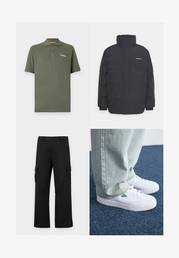 Mustam varrukas jope kõrge kaelusega, vipptõmblusega ja elastsete mansettidega. Omaduseks on tasku ja väike logo rinnal. Tekstuuritud pind.; Oliivroheline puuvillane polo särk kolme nupuga, lühikeste varrukatega ja väikese logodetailiga rinna kohal. Pehme tekstuur, klassikaline lõige.; Mustad mustad püksid sirge lõikega disainiga. Valmistatud vastupidavast kangast, millel on kaks külgtaskut klappidega ja nupuvajutusega esiosa.; Valged nahast tennisetossud rohelise Nike logo ja ümarate varvastega, lamedate taldadega, koos helesiniste teksapükstega, esitatud sinisel vaibal.