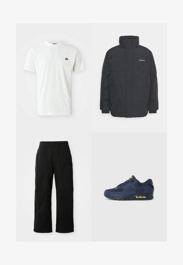 Czarna kurtka puchowa z wysoką kołnierzem, zamkiem z przodu i elastycznymi mankietami. Posiada kieszeń oraz małe logo na piersi. Teksturowana powierzchnia.; Ellesse GAUGUIN mleczny; Czarne bawełniane spodnie z elastycznym pasem, szeroką nogawką i dużymi bocznymi kieszeniami. Tkanina wydaje się miękka o gładkiej fakturze.; Granatowe sneakersy Nike Air Max z cholewką z zamszu i siateczki, z żółtymi akcentami, sznurowanym przodem oraz widoczną poduszką powietrzną w podeszwie.