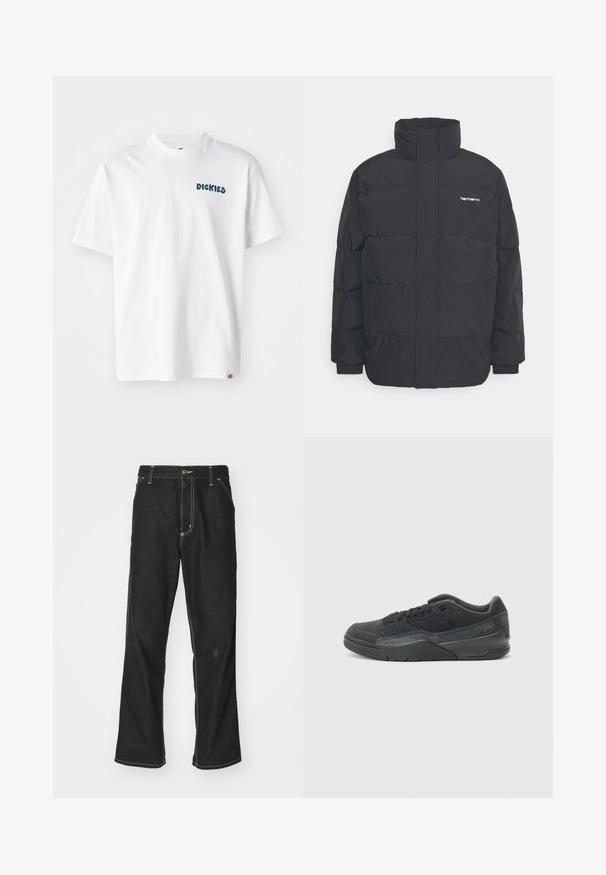 Jachetă puf black cu un guler înalt, închidere cu fermoar frontal și manșete elastice. Are un buzunar și un mic logo pe piept. Suprafață texturată.; Tricou alb din bumbac, cu mâneci scurte, având text verde "DICKIES" pe față. Croială dreaptă și un mic eticheta cu logo pe tiv.; Jeans negri din denim, cu o croială largă, cu cusături albe contrastante, închidere cu nasture și un design cu picior drept.; Sneakers negre din suede, cu un panou din plasă texturată, talpă din cauciuc, guler căptușit și cusături tonale, concepute pentru confort și suport.