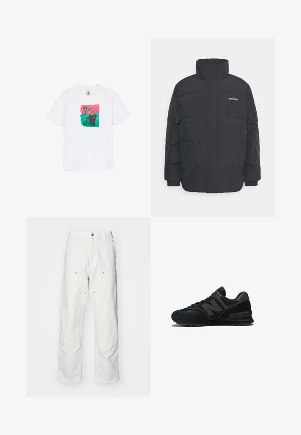 Chaqueta de plumas negra con cuello alto, cierre de cremallera frontal y puños elásticos. Cuenta con un bolsillo y un pequeño logo en el pecho. Superficie texturizada.; Camiseta de algodón blanca con un dibujo abstracto colorido que presenta un sol y una figura sobre un fondo verde, enmarcado por rosa. Mangas cortas.; Pantalones cargo de algodón blancos con un corte relajado. Las características incluyen bolsillos frontales, detalles en dorado y secciones de rodilla reforzadas.; Zapatilla negra con parte superior de ante y malla, suela gruesa y el prominente logo 'N' en el lateral. Diseño texturizado con cierre de cordones.