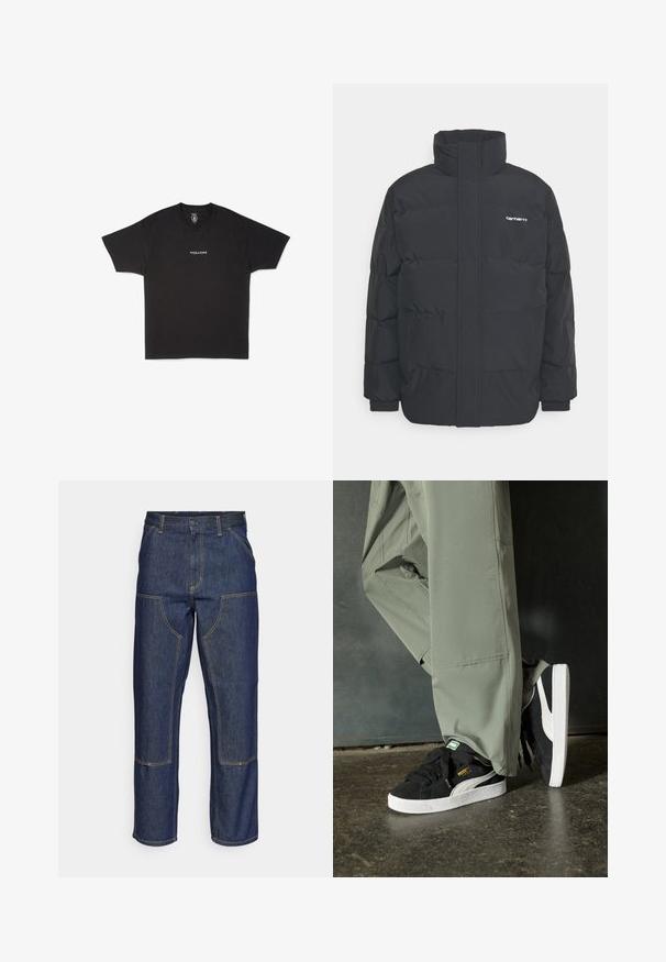 Schwarze Daunenjacke mit hohem Kragen, Reißverschluss vorne und elastischen Bündchen. Verfügt über eine Tasche und ein kleines Logo auf der Brust. Strukturiert Oberfläche.; Schwarzes Baumwoll-T-Shirt mit Rundhalsausschnitt und kurzen Ärmeln, mit einem kleinen weißen "VOLCOM"-Logo, das auf der Vorderseite angebracht ist.; Dunkelblaue Jeans aus Denim mit hoher Taille, geradem Bein-Design, kontrastierenden Nähten und aufgesetzten Taschen auf der Vorderseite.; Schwarze Wildleder-Sneaker mit weißen Gummisohlen und seitlichen Streifen, kombiniert mit hellgrünen Cargo-Hosen, stehen auf einer strukturierten dunklen Oberfläche.