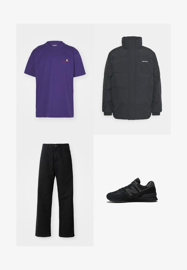 Schwarze Daunenjacke mit hohem Kragen, Reißverschluss vorne und elastischen Bündchen. Verfügt über eine Tasche und ein kleines Logo auf der Brust. Strukturiert Oberfläche.; Carhartt WIP AMERICAN SCRIPT - T-Shirt basic - aura; Schwarze Jeans mit geradem Schnitt, ausgestattet mit Fronttaschen, einem Reißverschluss und einem einzelnen oberen Knopf. Texturiert mit matter Oberfläche.; Schwarzer Sneaker mit einem Obermaterial aus Wildleder und Mesh, dicker Sohle und auffälligem 'N'-Logo an der Seite. Strukturiertes Design mit Schnürverschluss.