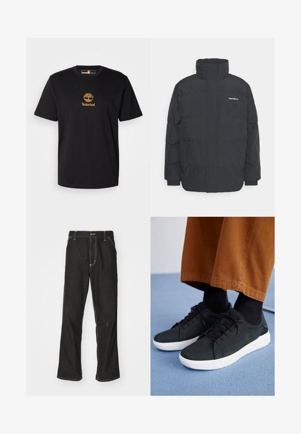 Černá zimní bunda s vysokým límcem, zipem vpředu a elastickými manžetami. Má kapsu a malé logo na hrudi. Texturovaný povrch.; Černé bavlněné tričko s zlatým logem stromu a textem "Timberland". Krátký rukáv a kulatý výstřih, s hladkou texturou.; Černé denimové džíny s volným střihem, s kontrastním bílým prošíváním, zapínáním na knoflík a rovnými nohavicemi.; Černé semišové tenisky s bílými gumovými podešvemi, s šněrovacím designem, texturovanými detaily a jemným logem, spárované s hnědými kalhotami.