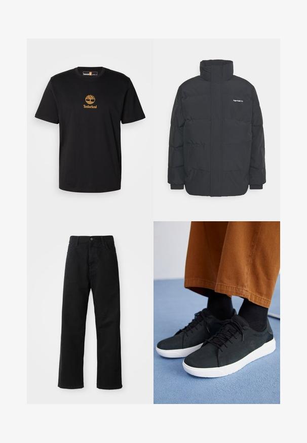 Melnā pūkainā jaka ar augstu apkakli, rāvējslēdzēja priekšpusi un elastīgām piedurknēm. Iespējama kabata un neliels logo uz krūtīm. Strukturēta virsma.; Melnas kokvilnas T-krekls ar zelta koka logotipu un "Timberland" tekstu. Apaļš kakls un īsās piedurknes, ar gludu tekstūru.; Melnas džinsu bikses ar taisnu griezumu, ar priekšējiem kabatām, rāvējslēdzēju un vienu augšējo pogu. Tekstūrēta auduma matēta virsma.; Melnas zamšādas kedas ar baltām gumijas zolēm, ar saistāmām auklām, tekstūrētām detaļām un diskrētu zīmolu, apvienotas ar brūniem biksēm.