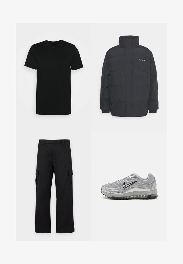 Chaqueta de plumas negra con cuello alto, cierre de cremallera frontal y puños elásticos. Cuenta con un bolsillo y un pequeño logo en el pecho. Superficie texturizada.; Camiseta negra de manga corta hecha de algodón suave, con cuello redondo y un diseño sencillo sin estampados ni acentos.; Pantalones cargo negros con un diseño de pierna recta. Fabricados con un tejido duradero, cuentan con dos bolsillos laterales con cierres de solapa y una cremallera de botón.; Zapatillas Nike Air Max grises que cuentan con una parte superior de malla y sintético, diseño ondulado, acentos negros y una unidad de amortiguación de aire visible.