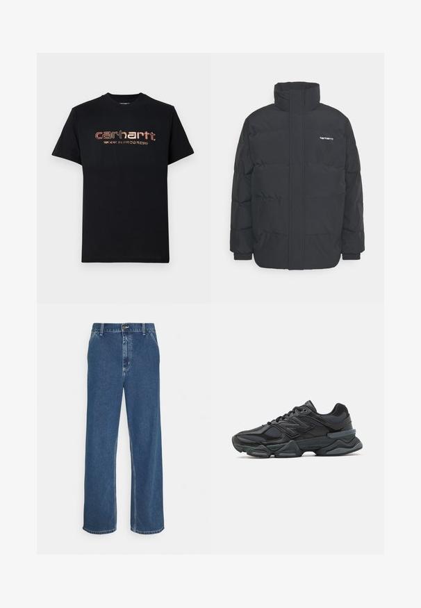 Čierna puffová bunda s vysokým golierom, zipom vpredu a elastickými manžetami. Obsahuje vrecko a malé logo na hrudi. Textúrovaný povrch.; Čierne bavlnené tričko s krátkymi rukávmi a okrúhlym výstrihom. Na prednej strane je metalická červená a zlatá potlač s textom: "carhartt. WORK IN PROGRESS."; Modré džíny z denimu so rovnými nohavicami, dizajnom so piatimi vreckami, kovovým zapínaním a viditeľným šitím pozdĺž švov a lemu.; Čierna bežecká obuv so zmesou sieťoviny a syntetických materiálov, robustnou podrážkou, zakriveným dizajnom a výrazným logom na boku.