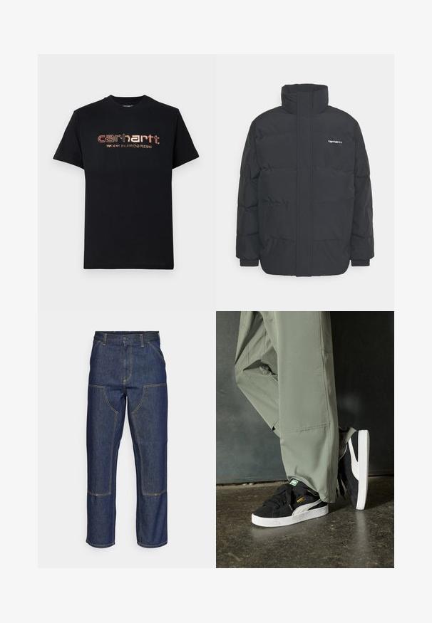 Doudoune noire avec un col montant, fermeture éclair à l'avant et poignets élastiques. Comprend une poche et un petit logo sur la poitrine. Surface texturée.; T-shirt en coton noir à manches courtes et col rond. L'avant présente un texte métallique rouge et or : "carhartt. TRAVAIL EN COURS."; Jeans en denim bleu foncé avec une taille haute, une coupe droite, des coutures contrastantes et des poches appliquées à l'avant.; Baskets en daim noir avec des semelles en caoutchouc blanc et des rayures sur les côtés, associées à un pantalon cargo vert clair, posées sur une surface sombre texturée.