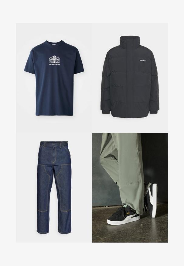 Casaco acolchoado preto com colarinho alto, fecho de correr à frente e punhos elásticos. Apresenta um bolso e um pequeno logótipo no peito. Superfície texturada.; T-shirt de algodão azul marinho com mangas curtas, gola redonda e uma impressão branca com um brasão e o texto "os novos originais."; Jeans de ganga escura com uma cintura alta, design de perna reta, costuras em contraste e bolsos de remendo na frente.; Sapatilhas de camurça pretas com solas de borracha branca e riscas laterais, combinadas com calças de carga verde claro, em pé sobre uma superfície escura e texturizada.