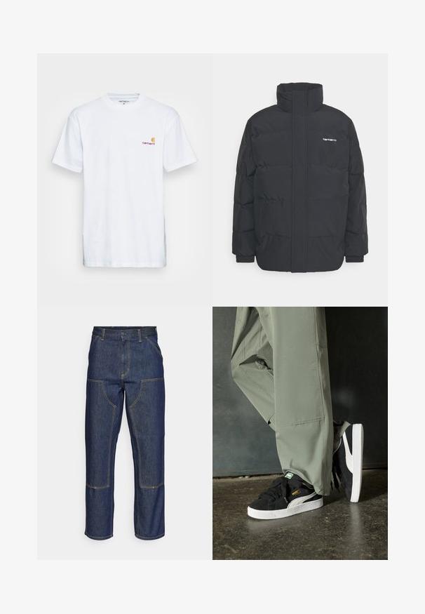 Black puffer jacket with a high collar, zip front, and elastic cuffs. Features a pocket and a small logo on the chest. Textured surface.; White cotton t-shirt with short sleeves. Designed with a small orange and maroon logo on the left chest. Features a classic crew neck.; Dark blue denim jeans with a high waist, straight leg design, contrasting stitching, and patch pockets on the front.; Black suede sneakers with white rubber soles and side stripes, paired with light green cargo pants, standing on a textured dark surface.