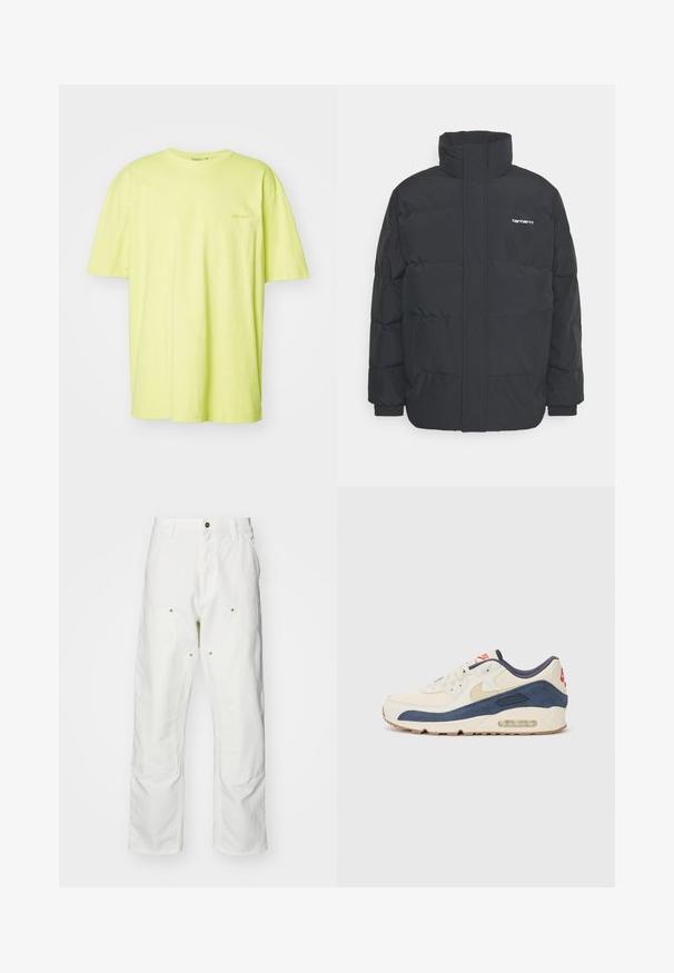 Zwarte pufferjas met een hoge kraag, rits aan de voorkant en elastische manchetten. Bevat een zak en een klein logo op de borst. Getextureerd oppervlak.; Korte mouw t-shirt van helder geel katoen, met een ronde halslijn en een subtiele logo op de linker borst. Soepele textuur, ontspannen pasvorm.; Witte katoenen cargobroeken met een relaxte pasvorm. Kenmerken zijn onder andere voorzakken, gouden hardware accenten en versterkte kniezones.; Sneakers met een crème leren en marineblauwe suède bovenkant, voorzien van een zichtbare luchtzool, beige rubberen buitenzool en een rode accent op de hiel.