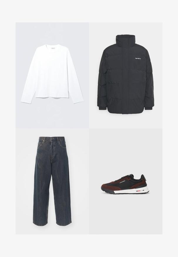 Black puffer jacket with a high collar, zip front, and elastic cuffs. Features a pocket and a small logo on the chest. Textured surface.; White long-sleeve shirt made from soft fabric, featuring a rounded neckline and loose fit. Smooth texture with no patterns or accents.; Wide-leg dark blue denim jeans with subtle distressed texture, five pockets, and a classic button and zipper closure at the waist.; Tommy Hilfiger RETRO RUNNER MIX - Trainers - black/cocoa