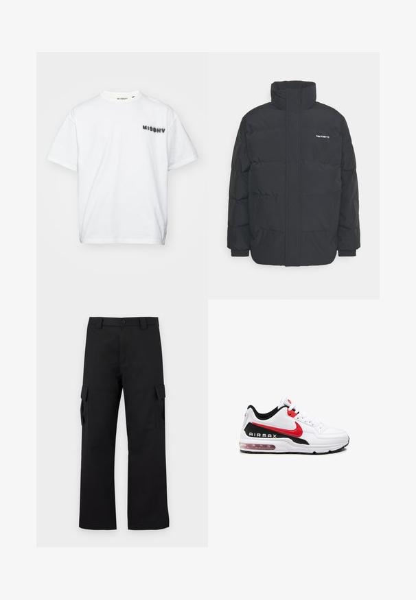 Giacca puffa nera con colletto alto, chiusura con zip frontale e polsini elastici. Presenta una tasca e un piccolo logo sul petto. Superficie testurizzata.; MISBHV COMMUNITY - T-shirt con stampa - white; Pantaloni cargo neri con design a gamba dritta. Realizzati in tessuto resistente, dotati di due tasche laterali con chiusura a pattina e chiusura con bottone.; Scarpa sportiva bianca con accenti neri e rossi, caratterizzata da una tomaia in pelle liscia, chiusura con lacci e ammortizzazione d'aria visibile nella suola.