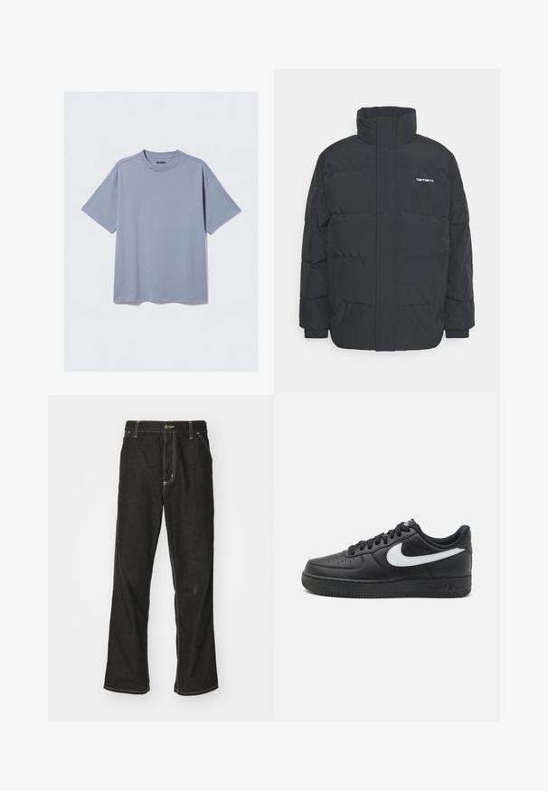Sort pufferjakke med høj krave, lynlås foran og elastiske manchetter. Har en lomme og et lille logo på brystet. Tekstureret overflade.; Lyseblå kortærmet t-shirt lavet af blød bomuld med rund halsudskæring og afslappet pasform; har minimale syninger.; Sorte denimjeans med løs pasform, der har kontrasterende hvid syning, en knaplukning og et lige ben-design.; Sorte Nike Air Force 1 sneakers med en glat læderoverdel, hvid logoaccent, perforeret tå og struktureret gummisål.