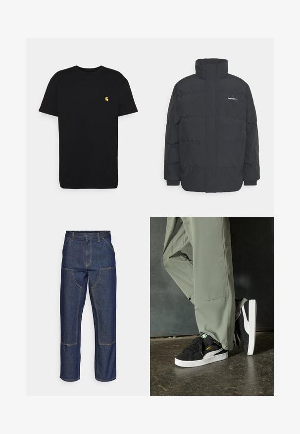 Mustam varrukas jope kõrge kaelusega, vipptõmblusega ja elastsete mansettidega. Omaduseks on tasku ja väike logo rinnal. Tekstuuritud pind.; Must must tee, lühikeste varrukatega, ümar kaelus ja vasakul rinnal väike kollane logo. Lihtne disain ja regulaarne istuvus.; Tumedast sinisest denimmaterjalist teksad kõrge talje, sirge sääre disainiga, kontrastsete õmblustega ning ees taskud plaastritega.; Mustad nubukist spordijalatsid valgete kummist tallade ja külgriidega, koos heleda rohelise cargo-pükstega, seistes tekstureeritud tumedal pinnasel.