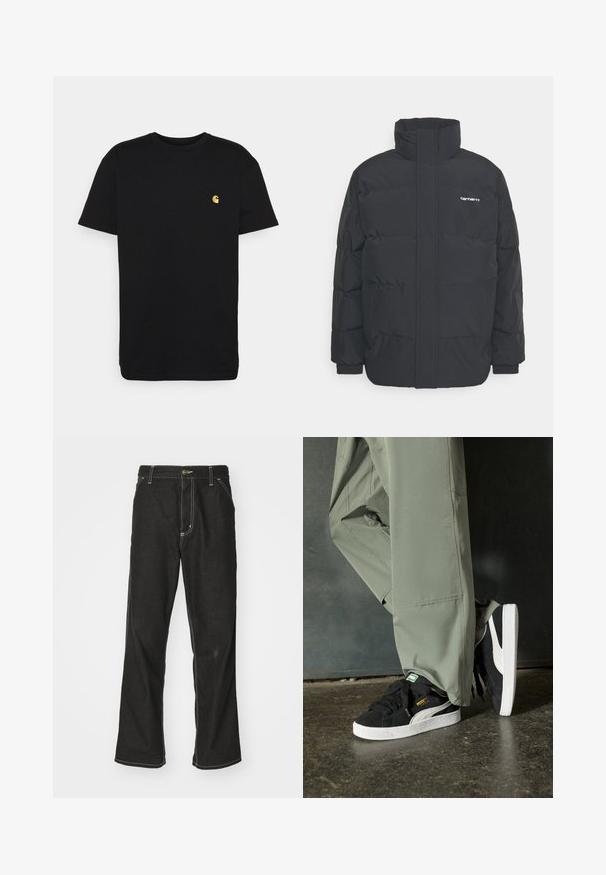 Melnā pūkainā jaka ar augstu apkakli, rāvējslēdzēja priekšpusi un elastīgām piedurknēm. Iespējama kabata un neliels logo uz krūtīm. Strukturēta virsma.; Melna kokvilnas T-kreklā īsas piedurknes, apaļa apkakle un neliels dzeltenais logotips kreisajā krūtī. Vienkāršs dizains un parasta paveida.; Melni džinsi ar brīvu piegriezumu, ar kontrastējošu baltu diegu, pogu aizdari un taisnu kāju dizainu.; Melnas zamšādas sporta kurpes ar baltām gumijas zole un sānu svītrām, saskaņotas ar gaiši zaļām cargo biksēm, stāvot uz teksturētas tumšas virsmas.
