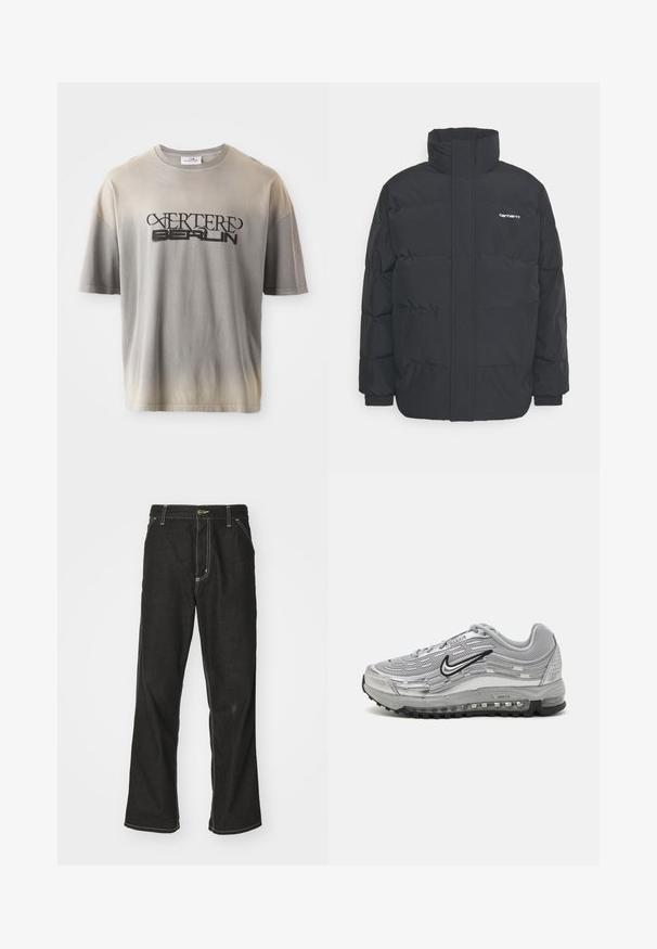 Chaqueta de plumas negra con cuello alto, cierre de cremallera frontal y puños elásticos. Cuenta con un bolsillo y un pequeño logo en el pecho. Superficie texturizada.; Camiseta de algodón en degradado gris, con mangas cortas, que presenta una impresión negra de "VERTERE BERLIN" en una tipografía estilizada, textura suave y corte relajado.; Jeans de mezclilla negra con un corte holgado, que cuentan con costuras blancas contrastantes, cierre de botón y un diseño de pierna recta.; Zapatillas Nike Air Max grises que cuentan con una parte superior de malla y sintético, diseño ondulado, acentos negros y una unidad de amortiguación de aire visible.
