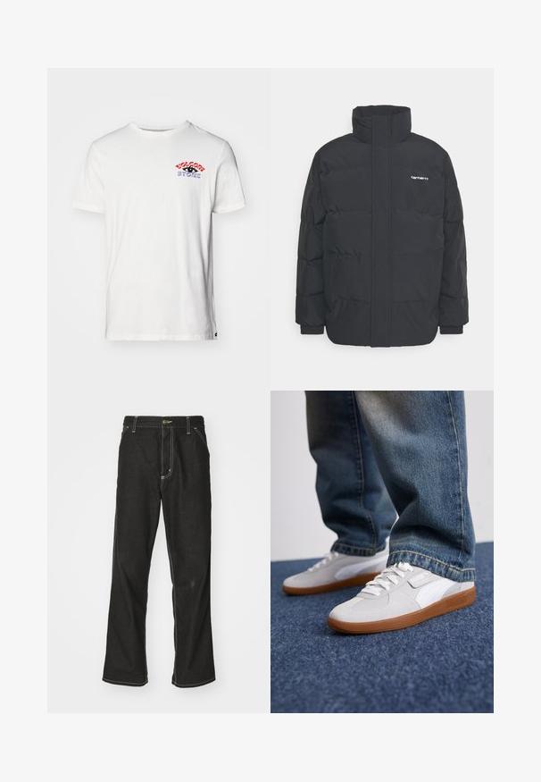 Juodas pūkinis švarkas su aukšta apykakle, užtrauktuku priekyje ir elastingomis rankovėmis. Yra kišenė ir mažas logotipas ant krūtinės. Tekstūruotas paviršius.; Balta medvilninė marškinėliai trumpomis rankovėmis ir apvaliu iškirpimu. Priekyje esantis raudonos ir violetinės spalvos grafikas sako "VOLCOM STORE" su juodu akcentu.; Juodi džinsai su laisvu siluetu, turintys kontrastingas balto siūlo siūles, mygtuko uždarymą ir tiesų kojos dizainą.; Puma PALERMO UNISEX - Sportbačiai - white/cool light gray/gold
