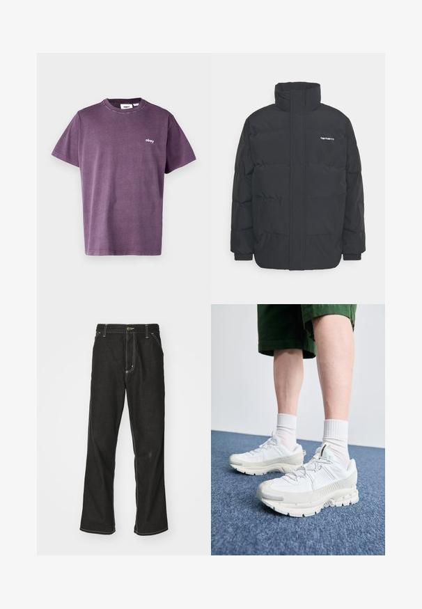 Fekete puffKabát magas nyakkal, cipzáros előlappal és rugalmas mandzsettával. Tartalmaz egy zsebet és egy kis logót a mellkason. Texturált felület.; Obey Clothing LOWERCASE TEE UNISEX - Basic póló - pigment plum perfect; Fekete farmernadrág laza szabással, kontrasztos fehér varrással, gombos záródással és egyenes lábmegoldással.; Fehér sportcipők texturált burkolattal, vastag talppal és szürke részletekkel. Fehér sportzoknival és zöld rövidnadrággal viselve, kék felületen.