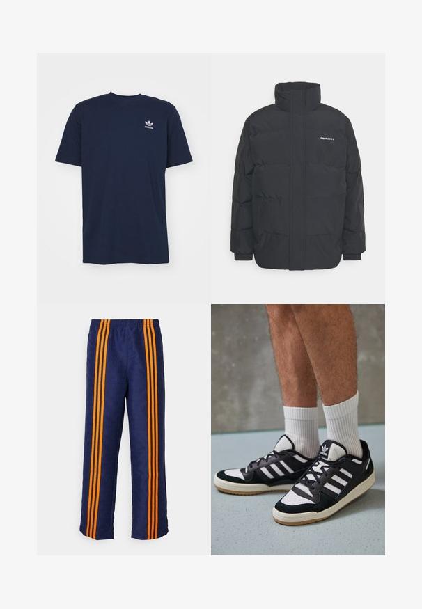 Černá zimní bunda s vysokým límcem, zipem vpředu a elastickými manžetami. Má kapsu a malé logo na hrudi. Texturovaný povrch.; adidas Originals TREFOIL ESSENTIALS - Triko s potiskem - night indigo; Tmavě modré kalhoty s celoplošným vzorovaným efektem a třemi výraznými oranžovými pruhy po každé straně. V horní části elastický pas.; Černobílé tenisky s vrchní částí z semišové a kožené kůže, včetně tří bílých pruhů, perforovaného špičky a podrážky z gumy.