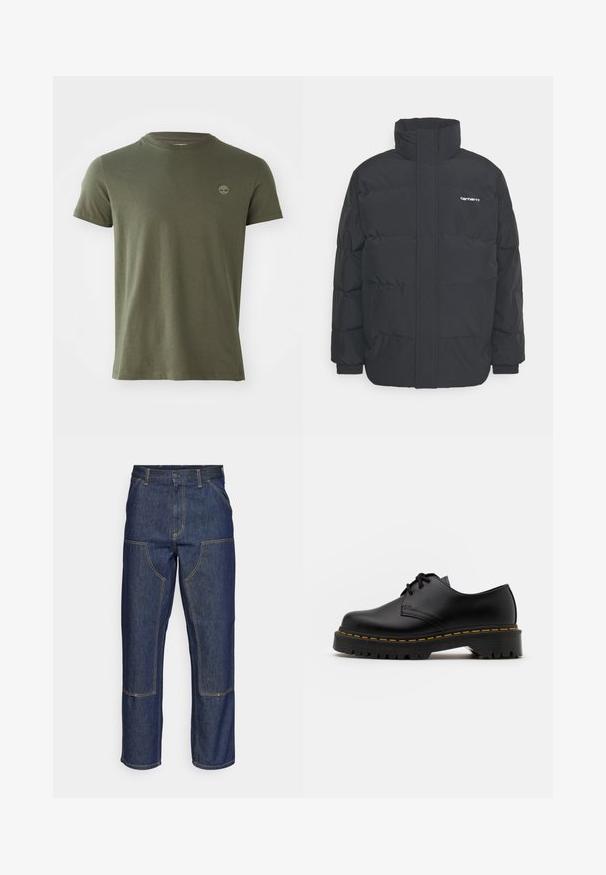 Fekete puffKabát magas nyakkal, cipzáros előlappal és rugalmas mandzsettával. Tartalmaz egy zsebet és egy kis logót a mellkason. Texturált felület.; Olajzöld pamut póló kerek nyakkal, rövid ujjakkal és egy kis hímzett logóval a mellkason. Sima textúra, klasszikus fazon.; Sötétkék farmernadrág, magas derekú, egyenes szárú dizájnnal, kontrasztos varrással és elülső zsebekkel.; Fekete bőr, fűzős cipő lekerekített orral, texturált gumitalppal és sárga varrással az alján. Lapos design és sima felület.