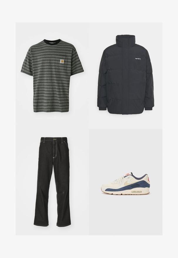 Melnā pūkainā jaka ar augstu apkakli, rāvējslēdzēja priekšpusi un elastīgām piedurknēm. Iespējama kabata un neliels logo uz krūtīm. Strukturēta virsma.; Svītraina īsām piedurknēm T-kreklu pelēkā un melnā krāsā, ar apli pie kakla un mazu logo uz krūtīm. Mīksta, teksturēta auduma.; Melni džinsi ar brīvu piegriezumu, ar kontrastējošu baltu diegu, pogu aizdari un taisnu kāju dizainu.; Apavi ar krēmīgu ādas un tumši zilu zamša augšdaļu, ar redzamu gaisa zoli, bēša gumijas zoli un sarkanu akcentu uz papēža.