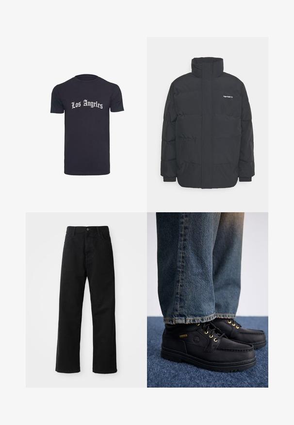 Černá zimní bunda s vysokým límcem, zipem vpředu a elastickými manžetami. Má kapsu a malé logo na hrudi. Texturovaný povrch.; Černé bavlněné tričko s krátkými rukávy, na kterém je bíle napsáno "Los Angeles" gotickým písmem přes hrudník. Jednobarevné, standardní střih.; Černé džínové kalhoty s rovný střih, s předními kapsami, zipovým zapínáním a jedním horním knoflíkem. Texturovaná látka s matným povrchem.; Černé kožené boty se zlatými očky a texturovaným povrchem, spárované s modrými džíny. Boty mají vrstvenou podrážku a detaily značky.