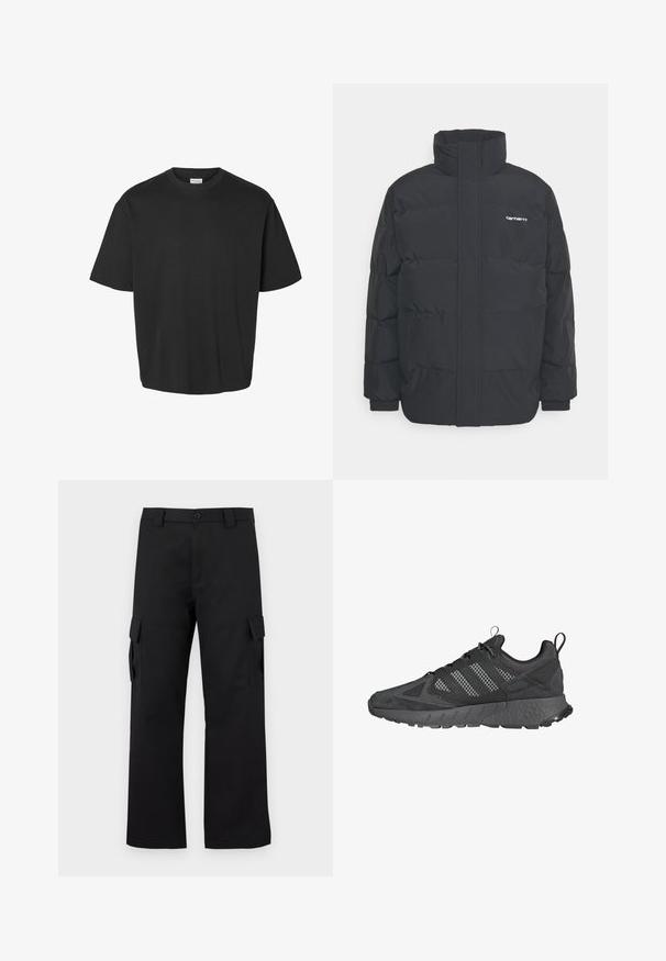 Chaqueta de plumas negra con cuello alto, cierre de cremallera frontal y puños elásticos. Cuenta con un bolsillo y un pequeño logo en el pecho. Superficie texturizada.; Camiseta negra de manga corta hecha de algodón suave. Presenta un corte relajado, cuello redondo y un diseño simple sin patrones ni acentos visibles.; Pantalones cargo negros con un diseño de pierna recta. Fabricados con un tejido duradero, cuentan con dos bolsillos laterales con cierres de solapa y una cremallera de botón.; Zapatillas deportivas negras con parte superior de malla y ante, suela de goma texturizada, collar acolchado y un distintivo diseño de tres rayas en gris.