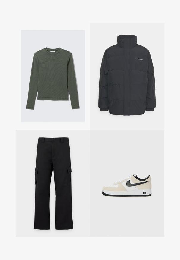Zwarte pufferjas met een hoge kraag, rits aan de voorkant en elastische manchetten. Bevat een zak en een klein logo op de borst. Getextureerd oppervlak.; Lange mouwen, geribbelde top in donkergroen, met een ronde halslijn en rechte zoom. Gemaakt van zachte stof, met minimale naden en geen zichtbare patronen.; Zwarte cargobroek met een recht gesneden ontwerp. Gemaakt van duurzaam materiaal, met twee zijzakken met klep en een knoopsluiting.; Sneakers met een lichtbeige suède en witte leren bovenkant, zwarte Nike swoosh, zwarte accenten en een witte rubberen zool met "AIR" branding.