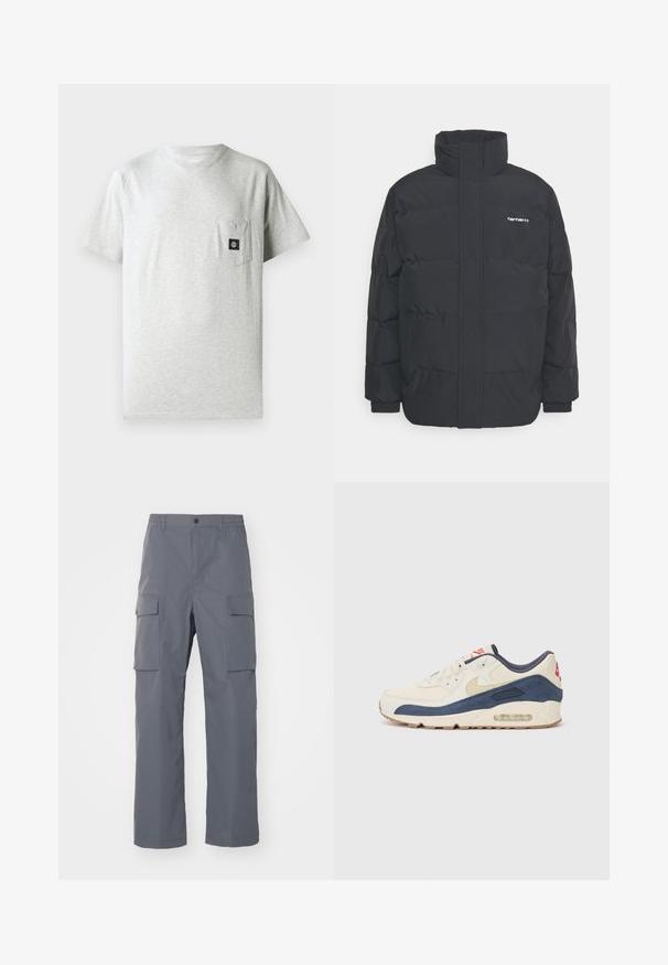 Černá zimní bunda s vysokým límcem, zipem vpředu a elastickými manžetami. Má kapsu a malé logo na hrudi. Texturovaný povrch.; Pánské šedé bavlněné tričko s kulatým výstřihem, krátkými rukávy a náprsní kapsou na levé straně s malou černou nášivkou loga.; Šedé cargo kalhoty vyrobené z odolné tkaniny. Mezi vlastnosti patří elastický pas, dvě velké boční kapsy a rovný nohavicový střih.; Tenisky s krémovým koženým svrškem a námořnickým semišem, s viditelnou vzduchovou podrážkou, béžovou gumovou podešví a červeným akcentem na patě.