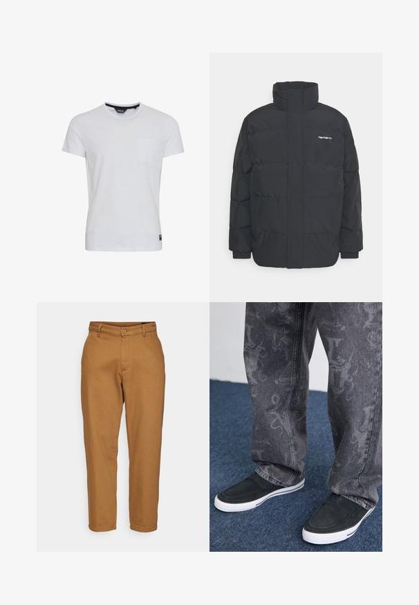 Black puffer jacket with a high collar, zip front, and elastic cuffs. Features a pocket and a small logo on the chest. Textured surface.; White cotton T-shirt with short sleeves, a round neckline, and a left chest pocket. Features a tag on the bottom left. Smooth texture.; Brown, straight-leg trousers with a smooth texture, button closure, and belt loops. Features a classic design and no visible patterns.; Black slip-on shoes with white sole, textured, paired with grey jeans featuring a subtle patterned design, set against a blue carpet background.