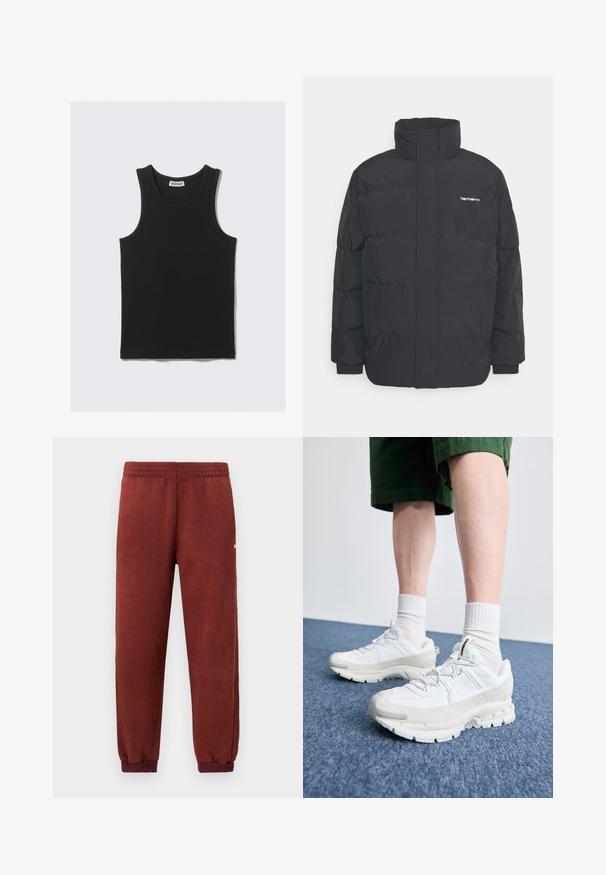 Melnā pūkainā jaka ar augstu apkakli, rāvējslēdzēja priekšpusi un elastīgām piedurknēm. Iespējama kabata un neliels logo uz krūtīm. Strukturēta virsma.; Melna kokvilnas bezdarbnieka krekls ar ribotu faktūru, ar apaļu kakla izgriezumu un platām rokām. Uzvērsti marķējums redzams pie kakla.; Rūsganas vilnas sporta bikses ar elastīgu jostu un potīšu gumijām, izvietotas uz baltā fona.; Baltas sporta apavi ar teksturētām detaļām, masīvu zoli un pelēkiem akcentiem. Valkāti ar baltiem zeķu pēdu apģērbiem un zaļām šortiem uz zilas virsmas.