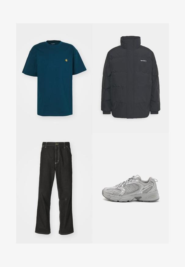 Chaqueta de plumas negra con cuello alto, cierre de cremallera frontal y puños elásticos. Cuenta con un bolsillo y un pequeño logo en el pecho. Superficie texturizada.; Carhartt WIP CHASE - Camiseta básica - duck blue/gold; Jeans de mezclilla negra con un corte holgado, que cuentan con costuras blancas contrastantes, cierre de botón y un diseño de pierna recta.; Zapatilla deportiva plateada con un diseño elegante, paneles de malla, lengüeta acolchada, parte superior sintética texturizada y suela de goma para tracción.