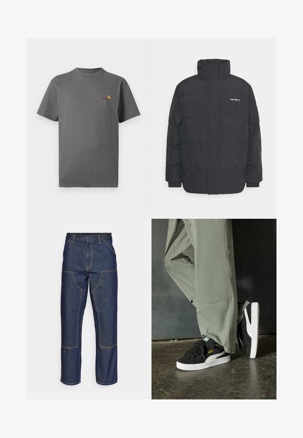 Zwarte pufferjas met een hoge kraag, rits aan de voorkant en elastische manchetten. Bevat een zak en een klein logo op de borst. Getextureerd oppervlak.; Grijze korte mouw T-shirt van katoen; heeft een subtiele logo in oranje en bordeaux op de borst. Basale ronde halsontwerp.; Donkerblauwe denim jeans met een hoge taille, rechte pijpen, contrasterende stiksels en opgestikte zakken aan de voorkant.; Zwarte suède sneakers met witte rubberen zolen en zijstrepen, gecombineerd met lichtgroene cargobroeken, staande op een gestructureerd donker oppervlak.