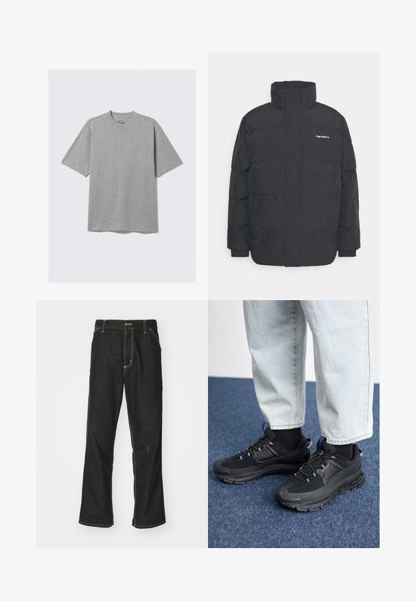 Black puffer jacket with a high collar, zip front, and elastic cuffs. Features a pocket and a small logo on the chest. Textured surface.; Short-sleeve gray t-shirt made of soft cotton blend, featuring a crew neckline and relaxed fit with no visible patterns or accents.; Black denim jeans with a loose fit, featuring contrasting white stitching, a button closure, and a straight leg design.; Black athletic shoes with textured fabric and rubber soles, featuring elastic laces and a blue accent on the heel. Worn with light denim pants.