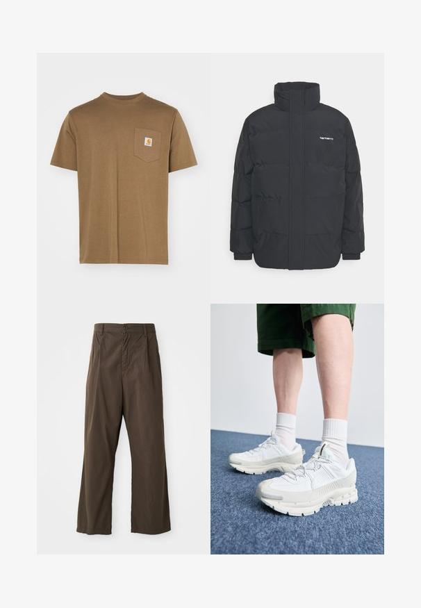 Fekete puffKabát magas nyakkal, cipzáros előlappal és rugalmas mandzsettával. Tartalmaz egy zsebet és egy kis logót a mellkason. Texturált felület.; Barna pamut póló kerek nyakkal és rövid ujjakkal. Bal oldalon zseb található, rajta egy fehér logó címkével. Simább textúra.; Barna, bő szárú pamut nadrág, elülső gombzárral, övhurkokkal és sima, matt felülettel.; Fehér sportcipők texturált burkolattal, vastag talppal és szürke részletekkel. Fehér sportzoknival és zöld rövidnadrággal viselve, kék felületen.