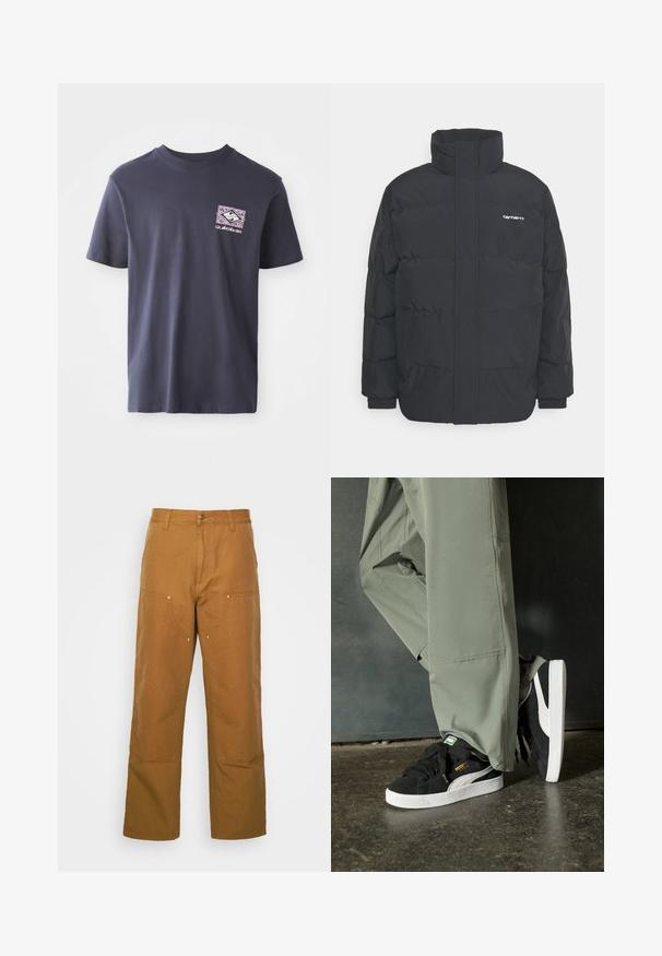 Černá zimní bunda s vysokým límcem, zipem vpředu a elastickými manžetami. Má kapsu a malé logo na hrudi. Texturovaný povrch.; Námořnická modrá bavlněná tričko s kulatým výstřihem a krátkými rukávy. Na levé části hrudi má geometrický grafický potisk v purpurové a bílé barvě.; Hnědé bavlněné pracovní kalhoty s rovnými nohavicemi, které mají přední kapsy a kovové detaily pro zvýšenou odolnost.; Černé semišové tenisky s bílými gumovými podrážkami a bočními pruhy, spárované se světle zelenými cargo kalhotami, stojící na texturovaném tmavém povrchu.