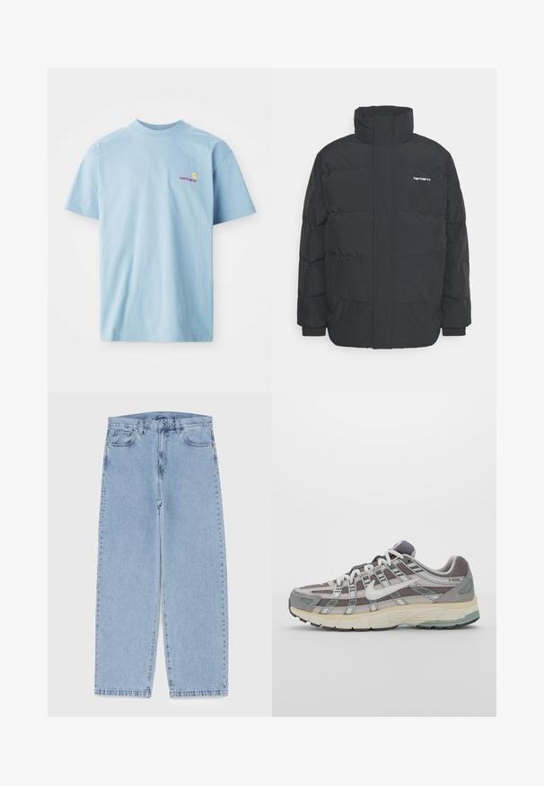 Sort pufferjakke med høj krave, lynlås foran og elastiske manchetter. Har en lomme og et lille logo på brystet. Tekstureret overflade.; Lyseblå kortærmet t-shirt lavet af bomuld, med rund hals og et lille flerfarvet Carhartt-logo på venstre bryst.; Lyseblå denimjeans med straight leg-design, der har en mid-rise talje, fem lommer og en lukning med knap og lynlås.; Grå sportssko med overdel i mesh og ruskind, hvide accenter, en polstret sål og et særpræget design med reflekterende elementer.