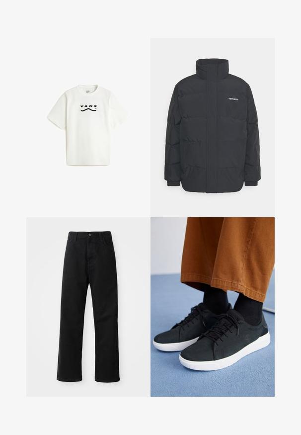 Černá zimní bunda s vysokým límcem, zipem vpředu a elastickými manžetami. Má kapsu a malé logo na hrudi. Texturovaný povrch.; Vans DETERMINED - Triko s potiskem - white; Černé džínové kalhoty s rovný střih, s předními kapsami, zipovým zapínáním a jedním horním knoflíkem. Texturovaná látka s matným povrchem.; Černé semišové tenisky s bílými gumovými podešvemi, s šněrovacím designem, texturovanými detaily a jemným logem, spárované s hnědými kalhotami.