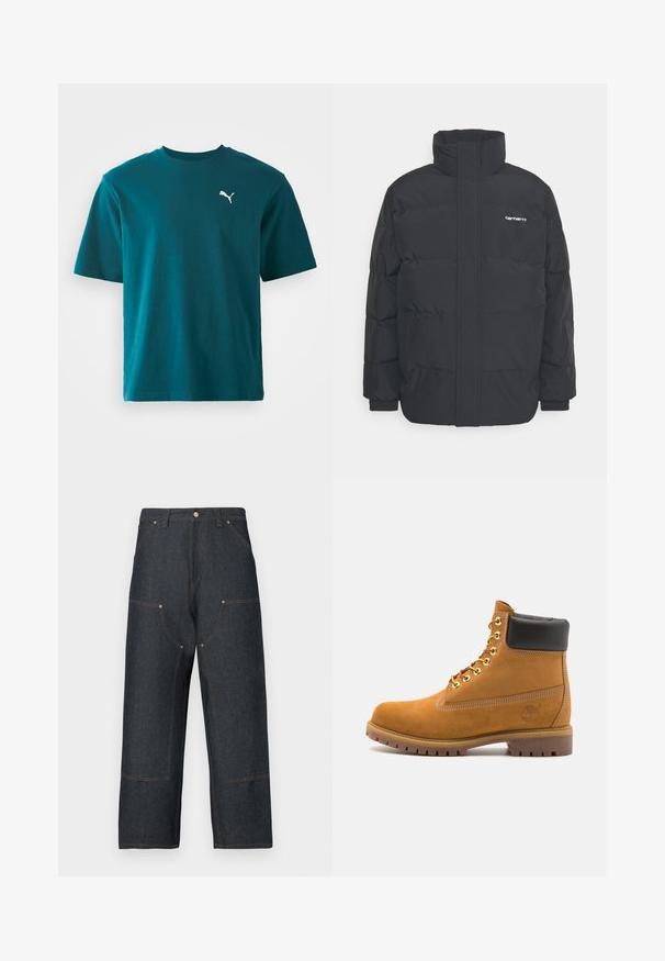 Giacca puffa nera con colletto alto, chiusura con zip frontale e polsini elastici. Presenta una tasca e un piccolo logo sul petto. Superficie testurizzata.; T-shirt in cotone turchese con maniche corte, collo rotondo e logo Puma bianco sul lato sinistro del petto; texture liscia e vestibilità regolare.; Jeans in denim blu scuro con design a gamba larga, caratterizzati da cuciture arancioni a contrasto, tasche anteriori e chiusura classica con bottone.; Stivale alla caviglia in suede tan con collare imbottito nero, occhielli in metallo dorato, dettagli in cucitura bianca e suola in gomma robusta con battistrada pronunciato.