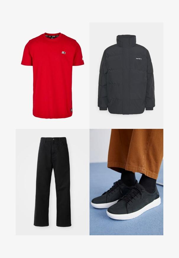Mustam varrukas jope kõrge kaelusega, vipptõmblusega ja elastsete mansettidega. Omaduseks on tasku ja väike logo rinnal. Tekstuuritud pind.; Punane puuvillane T-särk, millel on ümar kaelus, lühikesed varrukad ja väike must logo vasakul rinnal ning varrukal. Sile, ühtlane värv.; Mustadest denimist püksid sirge lõikega, mis sisaldavad ees taskuid, lukufliisi ja ühte ülemist nööpi. Tekstureeritud kangas mati viimistlusega.; Mustad suede spordijalatsid valge kummitaldaga, millel on paeltega kinnitamine, tekstuuriga aktsendid ja tagasihoidlik bränding, koos pruuni pükstega.