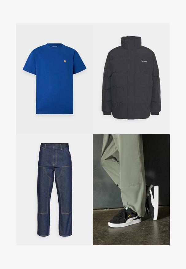 Czarna kurtka puchowa z wysoką kołnierzem, zamkiem z przodu i elastycznymi mankietami. Posiada kieszeń oraz małe logo na piersi. Teksturowana powierzchnia.; Niebieska bawełniana koszulka z okrągłym dekoltem, krótkimi rękawami i małym złotym logo na piersi. Gładka tekstura i luźny krój.; Granatowe dżinsy z wysokim stanem, prostym krojem nogawek, kontrastowym wykończeniem szwów oraz kieszeniami naszytymi z przodu.; Czarne zamszowe trampki z białymi gumowymi podeszwami i bocznymi paskami, w połączeniu z jasnoszarymi spodniami cargo, stoją na teksturowanej ciemnej powierzchni.