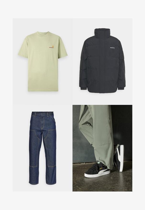 Musta puhvijaakku korkealla kauluksella, vetoketjukiinnitys edessä ja joustavat hihansuut. Varustettu taskulla ja pienellä logolla rintakehässä. Rakeinen pinta.; Vaaleanvihreä puuvillapaita, jossa on lyhyet hihat ja pyöreä kaula-aukko. Paidassa on pieni oranssi ja punainen logo vasemmalla rinnalla.; Tummansiniset farkut, joissa on korkea vyötärö, suora lahje, eriväriset ompeleet ja etupuolella pakki-taskut.; Mustat mokkakengät, joissa on valkoiset kumipohjat ja sivuraitoja, yhdistettynä vaaleanvihreisiin cargo-housuihin, seisoen tummalla teksturoidulla pinnalla.