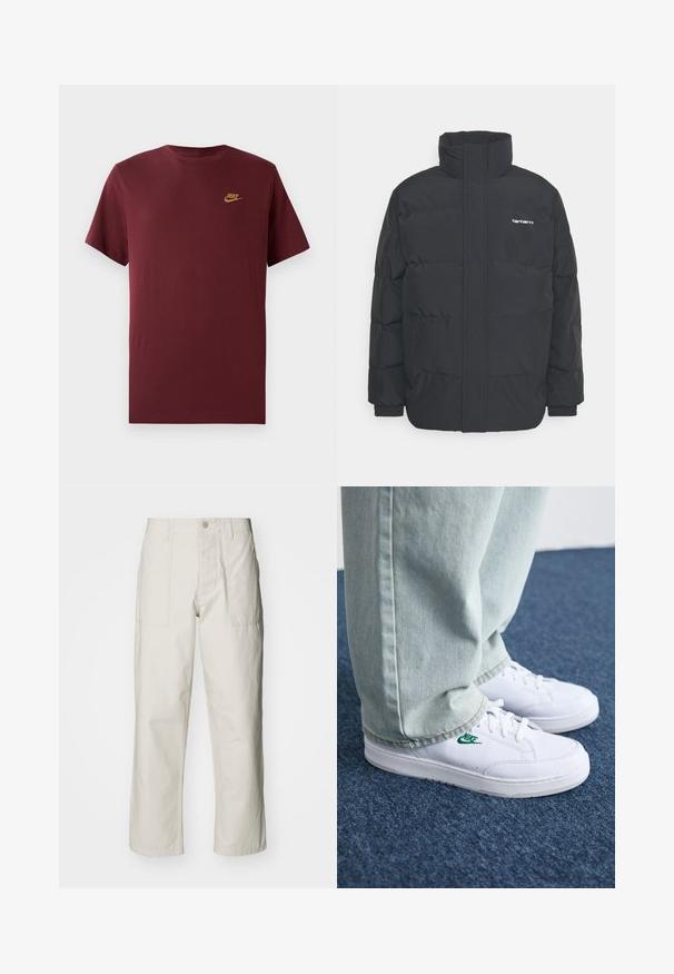 Črna puhasta jakna z visokim ovratnikom, z zadrgo spredaj in elastičnimi manšetami. Ima žep in majhen logotip na prsih. Teksturirana površina.; Bordo majica s kratkimi rokavi Nike z zlatim logotipom Nike na levem prsnem delu, preprost kroj s okroglim izrezom, prikazana na beli podlagi.; Svetlo bež široke hlače iz bombaža. Imajo sprednje žepe in gumbasto zapiranje. Gladka tekstura z subtilnimi navpičnimi črtami.; Bela usnjena športna obutev z zelenim Nike logotipom, okrogla konica, ravna podplat, v kombinaciji z svetlo modrimi kavbojkami, prikazana na modrem preprogu.