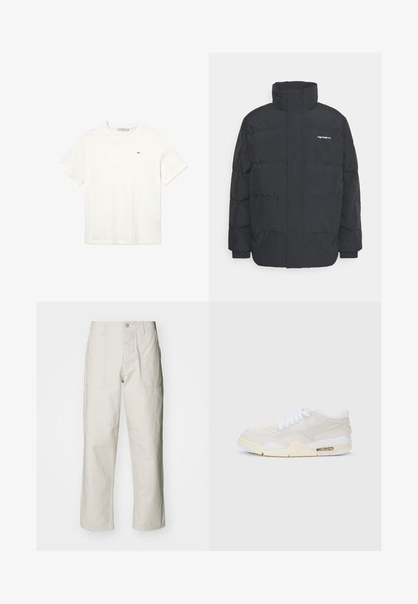 Casaco acolchoado preto com colarinho alto, fecho de correr à frente e punhos elásticos. Apresenta um bolso e um pequeno logótipo no peito. Superfície texturada.; Camiseta de algodão branca com mangas curtas, decote redondo e um pequeno logotipo preto no peito. Design simples e sem adornos.; Calças largas em bege claro, feitas de algodão. Apresentam bolsos frontais e fecho com botão. Textura suave com linhas verticais subtis.; Sapatilhas com um cabedal sintético beije claro, atacadores brancos e amortecimento visível. Apresentam uma sola suave e detalhes discretos nas laterais.