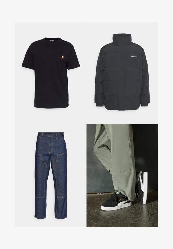 Juodas pūkinis švarkas su aukšta apykakle, užtrauktuku priekyje ir elastingomis rankovėmis. Yra kišenė ir mažas logotipas ant krūtinės. Tekstūruotas paviršius.; Juodas medvilninis marškinėlis su trumpomis rankovėmis, apvalia iškirpte ir mažuoju spalvotu logo kairėje krūtinės pusėje. Klasikinio kirpimo, su glotna tekstūra.; Tamsiai mėlynos džinsinės kelnes su aukštu liemeniu, tiesaus kirpimo dizainu, kontrastinėmis siūlėmis ir kišenėmis priekyje.; Juodi suede sportbačiai su baltais guminiais padais ir šoninėmis juostelėmis, derinami su šviesiai žaliais kargo kelnais, stovintys ant tekstūruoto tamsaus paviršiaus.