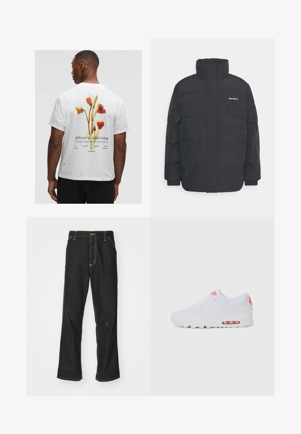 Fekete puffKabát magas nyakkal, cipzáros előlappal és rugalmas mandzsettával. Tartalmaz egy zsebet és egy kis logót a mellkason. Texturált felület.; Fehér pamut póló, piros, sárga és zöld virágos grafikával a hátsó részen, "ügyes kerülőutak" felirattal és márka logóval.; Fekete farmernadrág laza szabással, kontrasztos fehér varrással, gombos záródással és egyenes lábmegoldással.; Fehér sportcipő, sima felsőrésszel, fűzős zárással, párnázott talppal és látható légpárnával, piros részletekkel a logón.