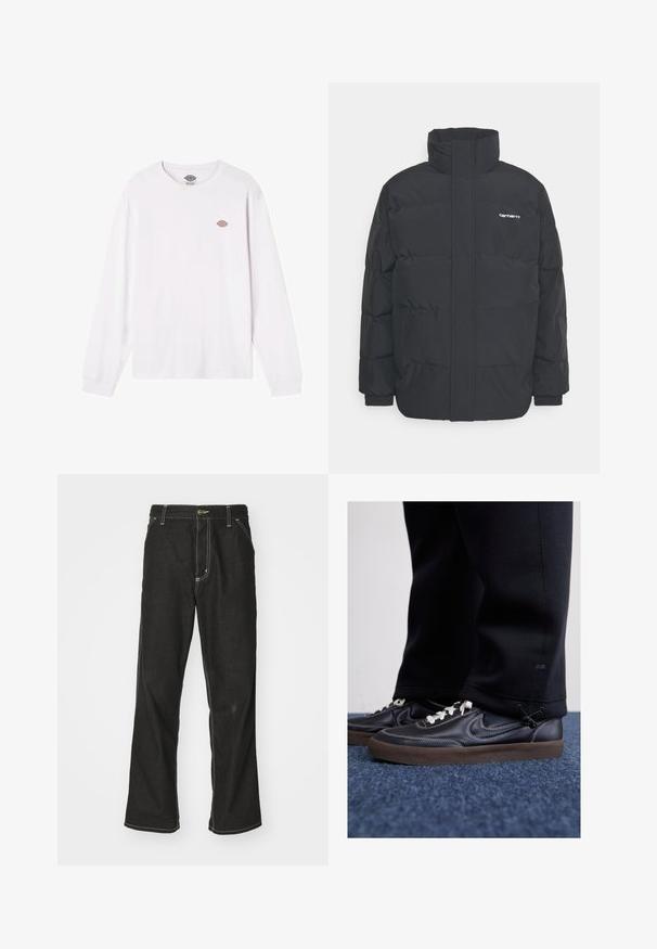 Schwarze Daunenjacke mit hohem Kragen, Reißverschluss vorne und elastischen Bündchen. Verfügt über eine Tasche und ein kleines Logo auf der Brust. Strukturiert Oberfläche.; Weißes Langarm-T-Shirt aus Baumwolle. Verfügt über ein kleines, rundes, mehrfarbiges Logo auf der Brust. Einfaches Design mit gerippten Bündchen.; Schwarze Denim-Jeans mit lockerer Passform, kontrastierenden weißen Nähten, einem Knopfverschluss und geradem Bein.; Nike Sportswear KILLSHOT 2 LTR PRM OPP2 - Sneaker low - black sail baroque brown mtlc dk grey