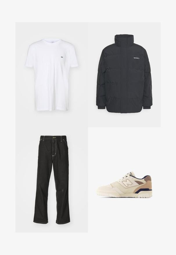 Black puffer jacket with a high collar, zip front, and elastic cuffs. Features a pocket and a small logo on the chest. Textured surface.; White cotton t-shirt with short sleeves, featuring a small, embroidered black "Lee" logo on the left chest. Simple, classic design.; Black denim jeans with a loose fit, featuring contrasting white stitching, a button closure, and a straight leg design.; Beige athletic shoe with suede and mesh materials, featuring a perforated design, padded collar, and navy and tan accents. Thick white sole.