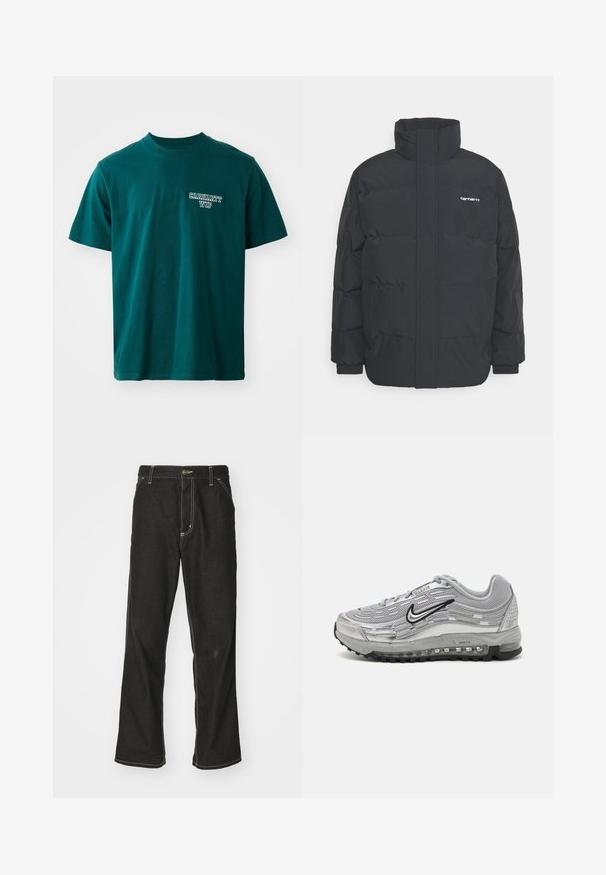Mustam varrukas jope kõrge kaelusega, vipptõmblusega ja elastsete mansettidega. Omaduseks on tasku ja väike logo rinnal. Tekstuuritud pind.; Türkis puuvillane T-särk, millel on lühikesed varrukad ja ümmargune kaelus. Vasakul rinnal on valge "Carhartt WIP" logo. Lihtne disain, sirge lõige.; Mustadest denimist püksid, lahtise lõikega, kontrastsete valgete õmblustega, nööbiga kinnitamine ja sirge säär.; Hallide Nike Air Max sneaks, milleto, syntetiline ülemine osa, lainekujulise disainiga, mustade aktsentidega ja nähtava õhkpadja süsteemiga.